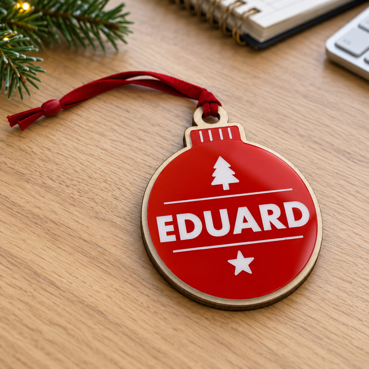 Red Personalised Christmas Bauble — Design 2 Christmas Tree & Star
