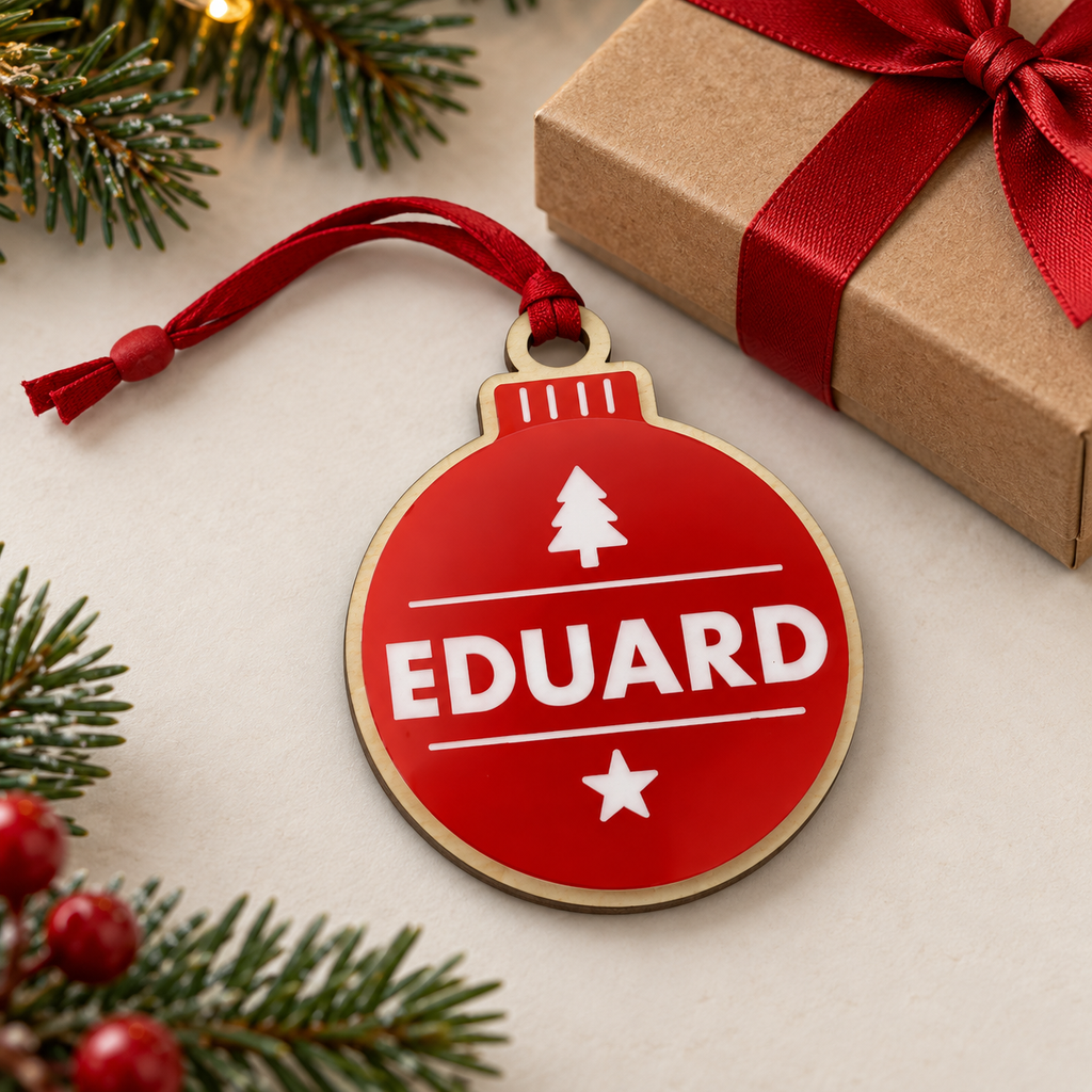 Red Personalised Christmas Bauble — Design 2 Christmas Tree & Star
