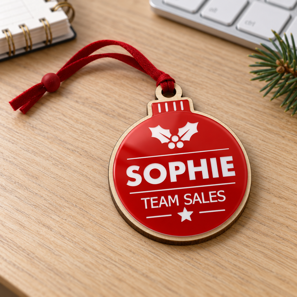 Red Personalised Christmas Bauble — Design 1 Holly & Star
