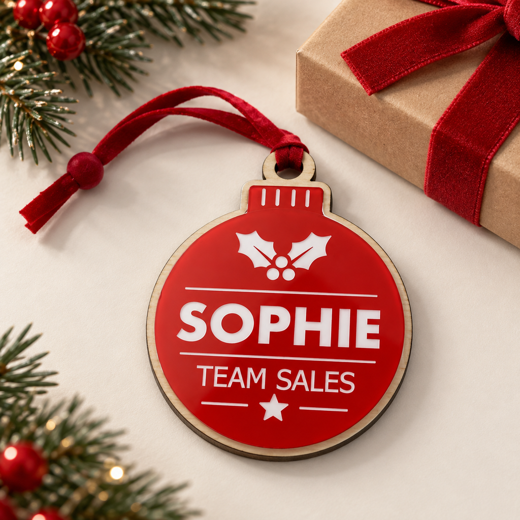 Red Personalised Christmas Bauble — Design 1 Holly & Star