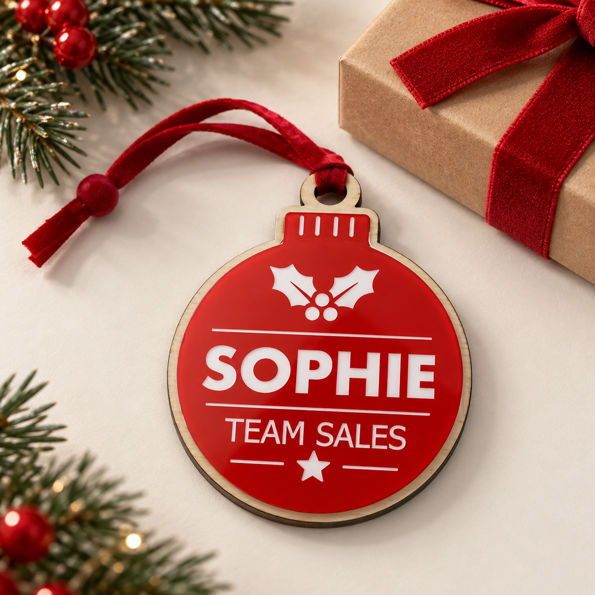 Red Personalised Christmas Bauble — Design 1 Holly & Star
