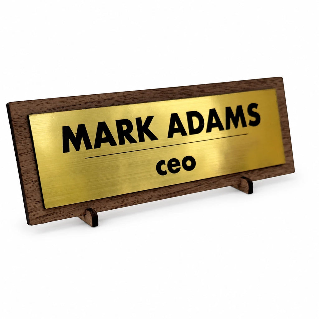 Personalised Desk Name Plate Custom Walnut Wood Gold Acrylic Office Sign Plaque — photo 1