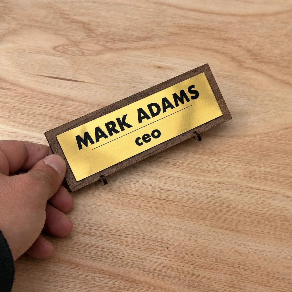 Personalised Desk Name Plate Custom Walnut Wood Gold Acrylic Office Sign Plaque — photo 11