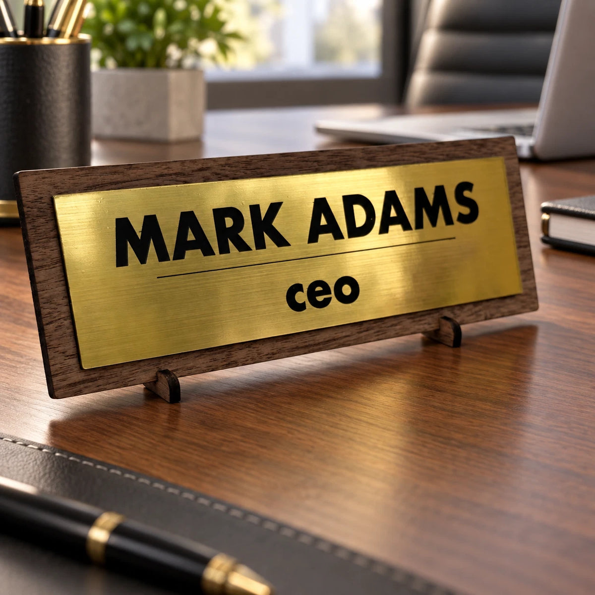 Personalised Desk Name Plate Custom Walnut Wood Gold Acrylic Office Sign Plaque — photo 2