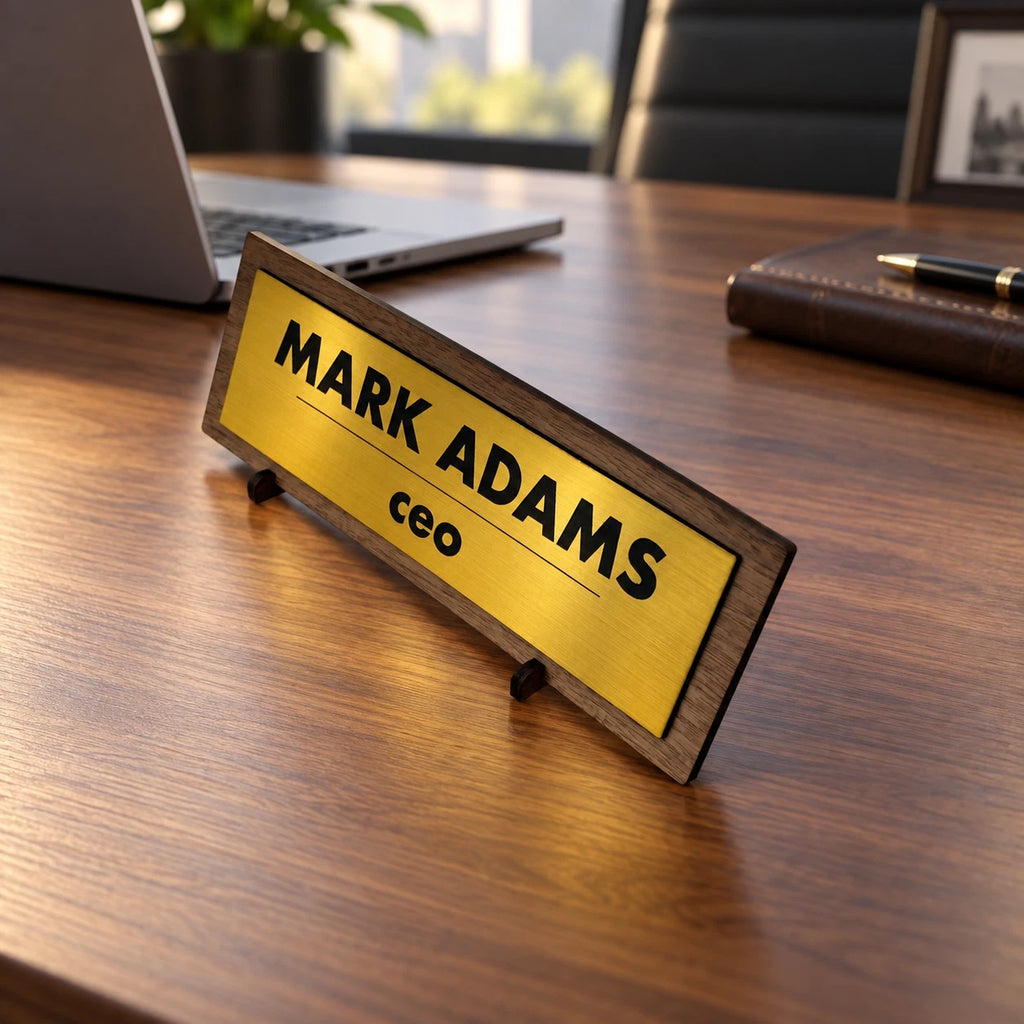 Personalised Desk Name Plate Custom Walnut Wood Gold Acrylic Office Sign Plaque — photo 3