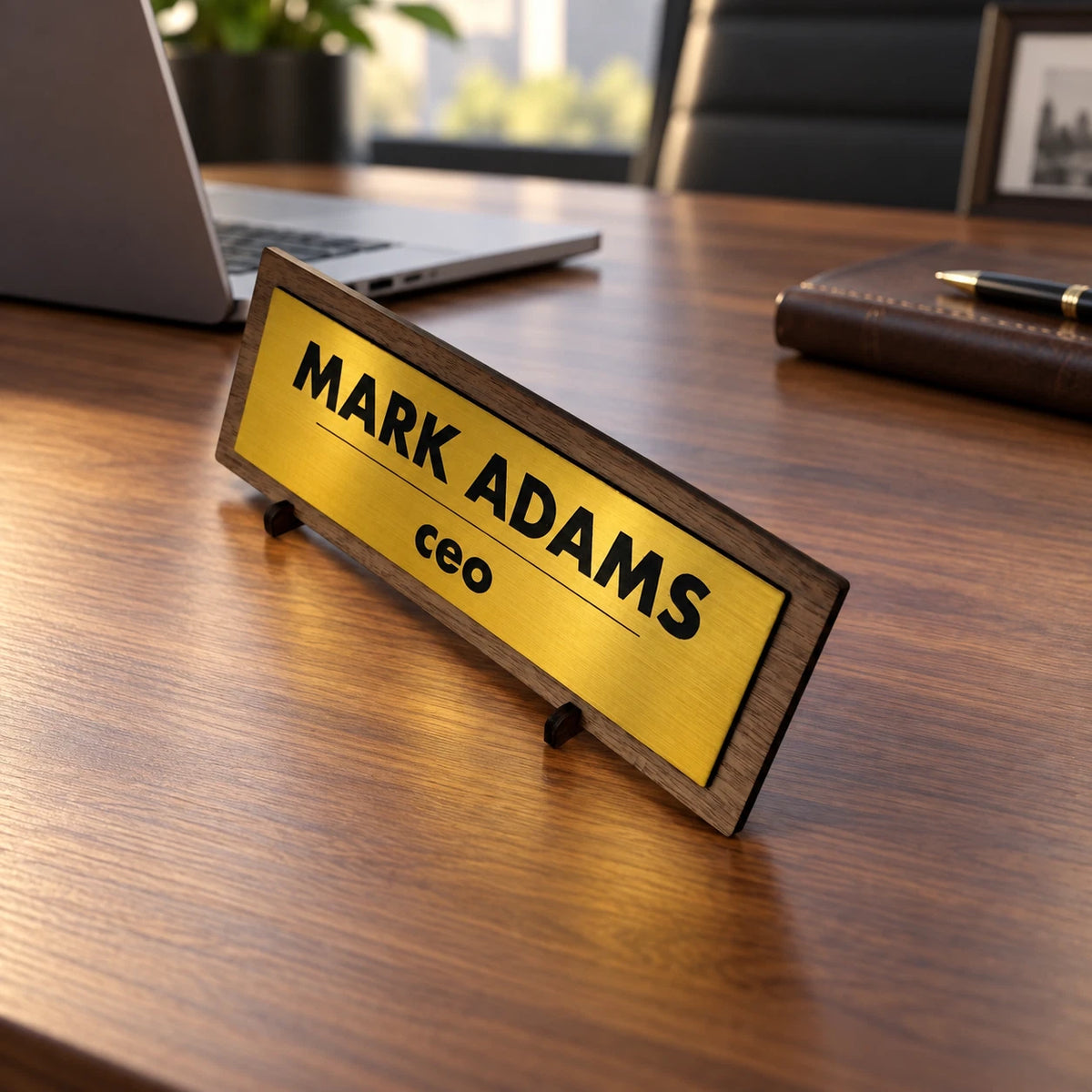 Personalised Desk Name Plate Custom Walnut Wood Gold Acrylic Office Sign Plaque — photo 3