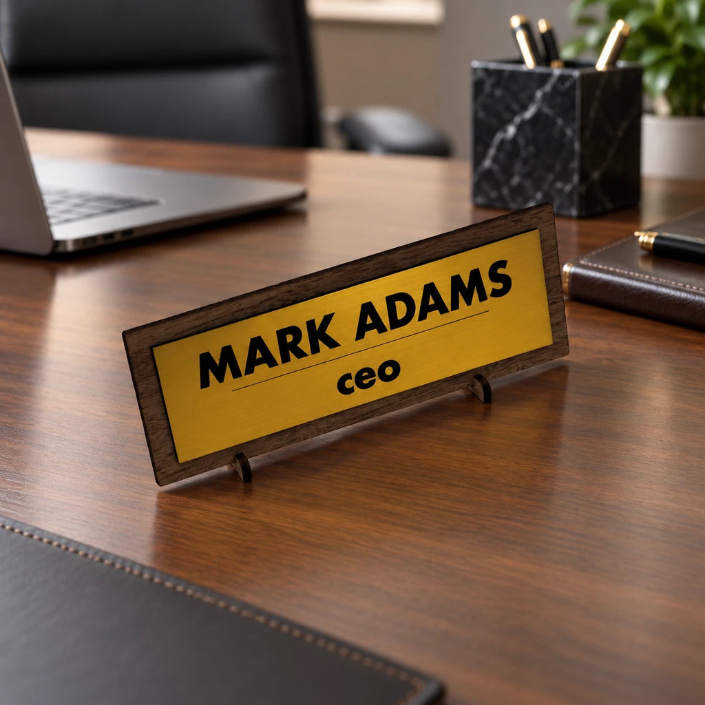 Personalised Desk Name Plate Custom Walnut Wood Gold Acrylic Office Sign Plaque — photo 4