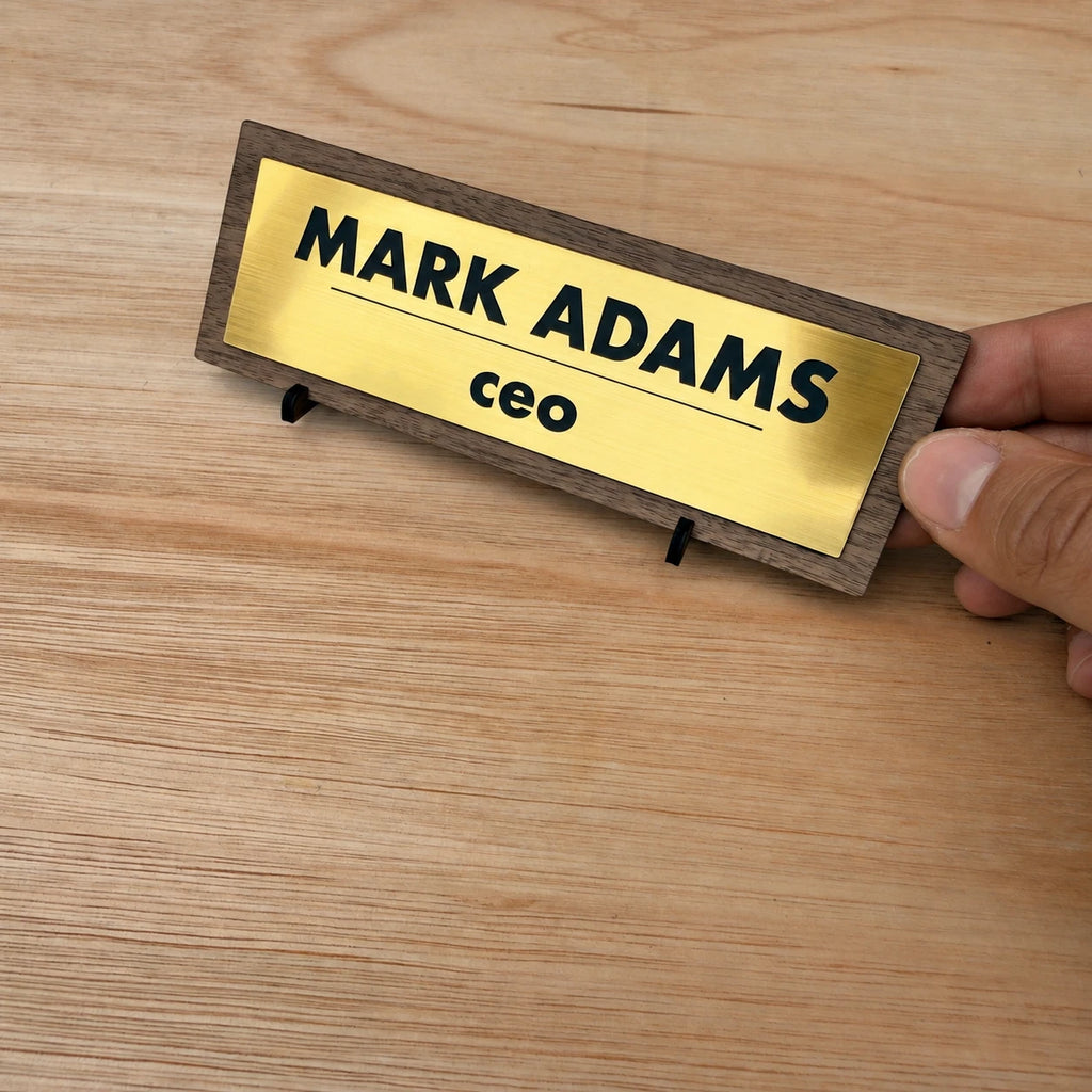 Personalised Desk Name Plate Custom Walnut Wood Gold Acrylic Office Sign Plaque — photo 7