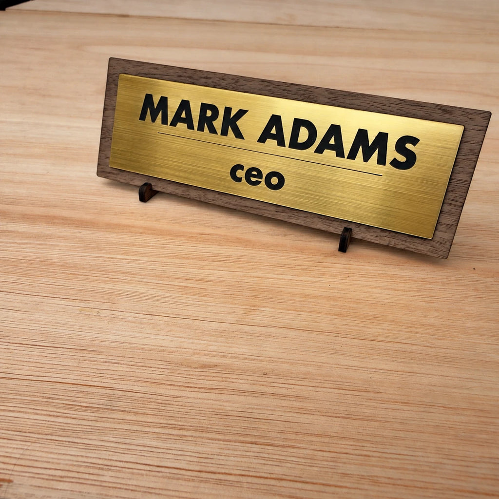 Personalised Desk Name Plate Custom Walnut Wood Gold Acrylic Office Sign Plaque — photo 8