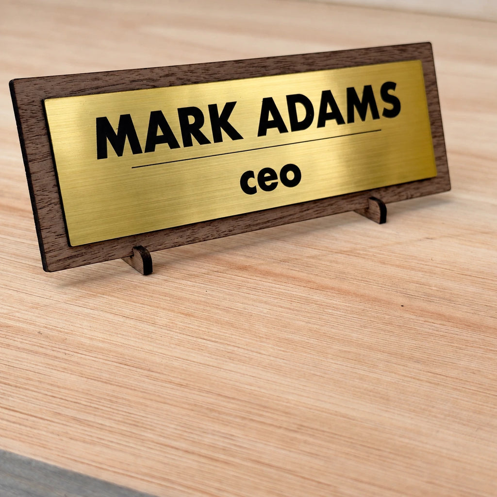 Personalised Desk Name Plate Custom Walnut Wood Gold Acrylic Office Sign Plaque — photo 9