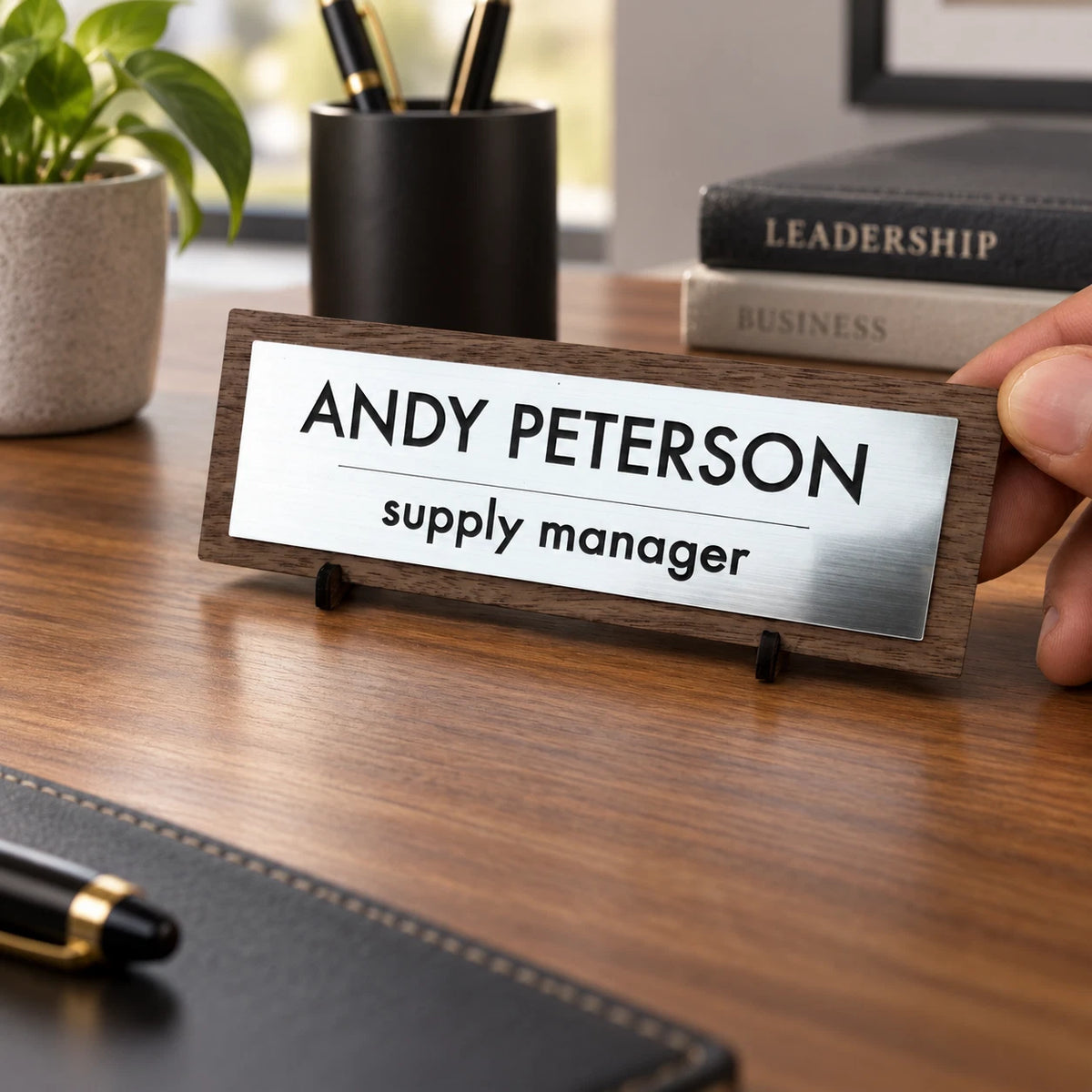 Personalised Desk Name Plate Custom Walnut Wood Silver Acrylic Office Sign Plaqu — photo 4