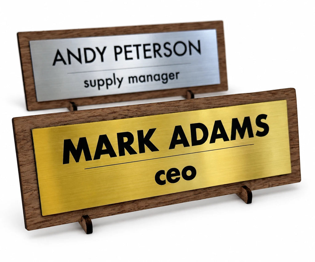 Personalised Acrylic Office Desk Name Plate Gold or Silver Finish on Walnut — photo 1