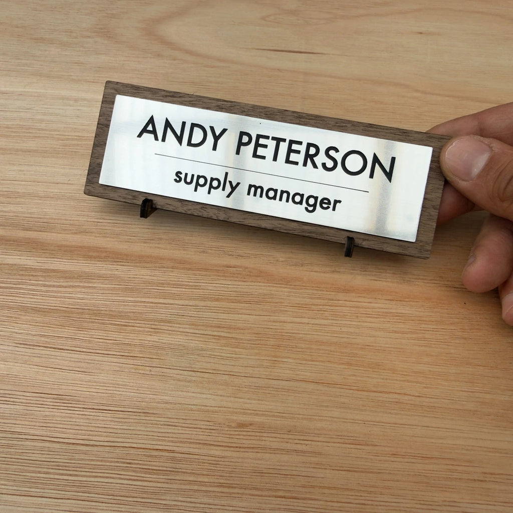Personalised Acrylic Office Desk Name Plate Gold or Silver Finish on Walnut — photo 2