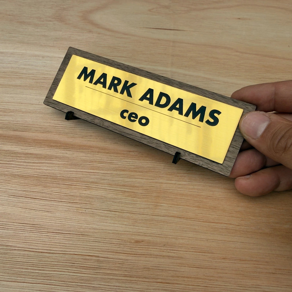 Personalised Acrylic Office Desk Name Plate Gold or Silver Finish on Walnut — photo 5