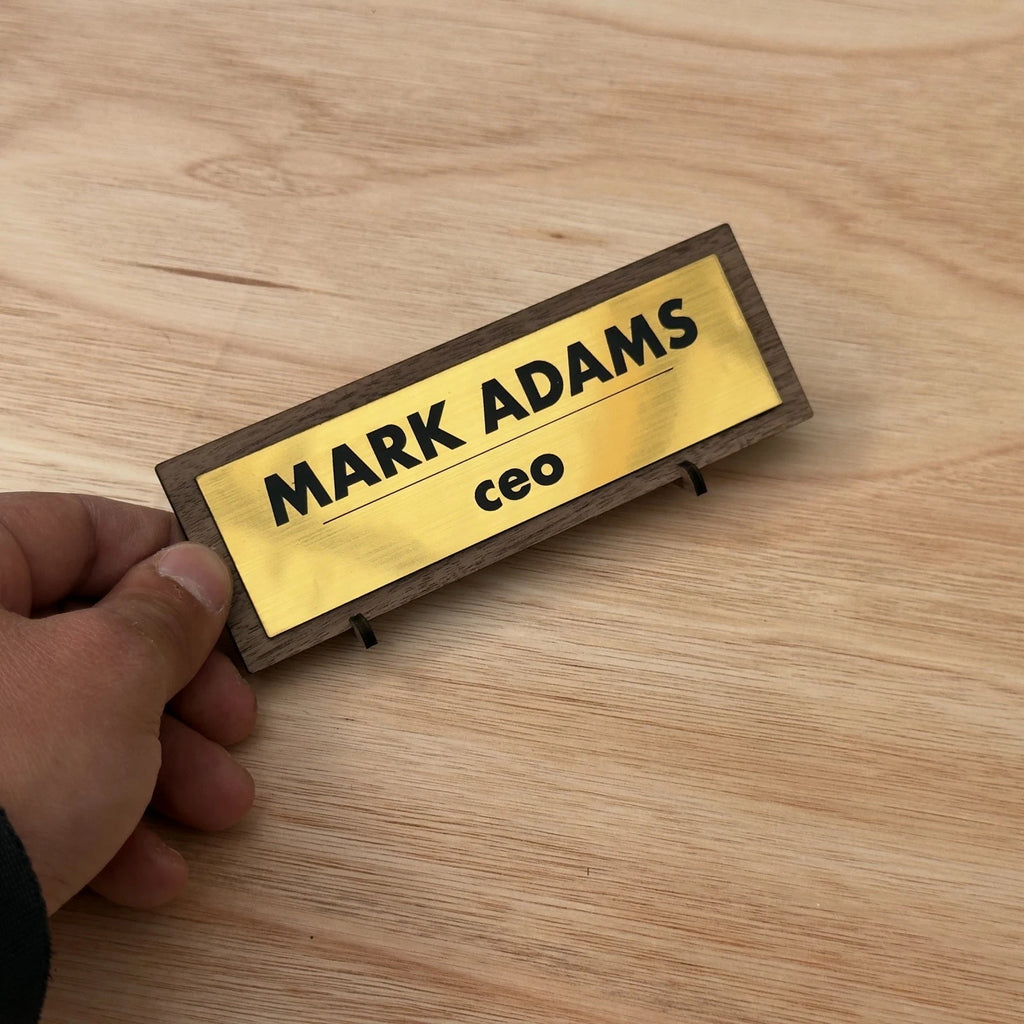 Personalised Acrylic Office Desk Name Plate Gold or Silver Finish on Walnut — photo 8