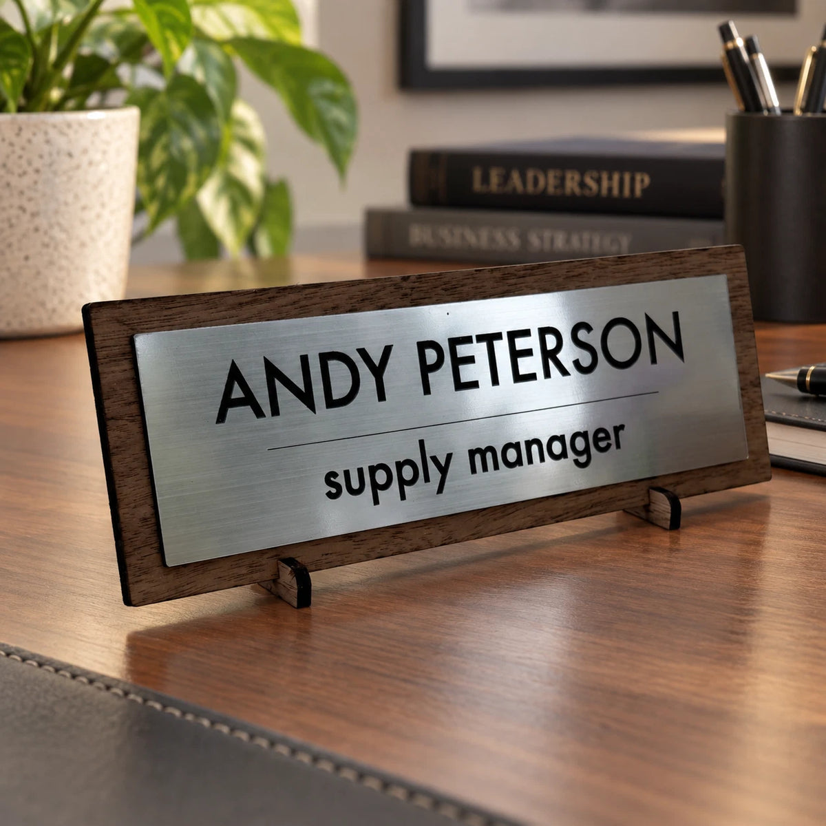 Desk Name Plate Custom Personalised Wood Silver Acrylic Office Sign Plaque Gift — photo 1