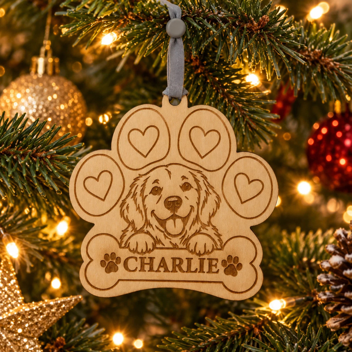Personalised Dog Paw Print Christmas Tree Decoration Wooden Pet Name Ornament — photo 1