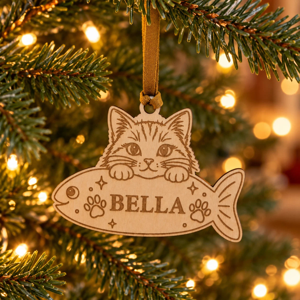 Personalised Cat Christmas Decoration Wooden Kitten Fish Name Tree Ornament — photo 1