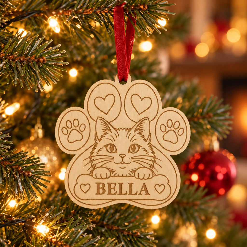 Personalised Cat Paw Print Christmas Tree Decoration Wooden Pet Name Ornament — photo 1