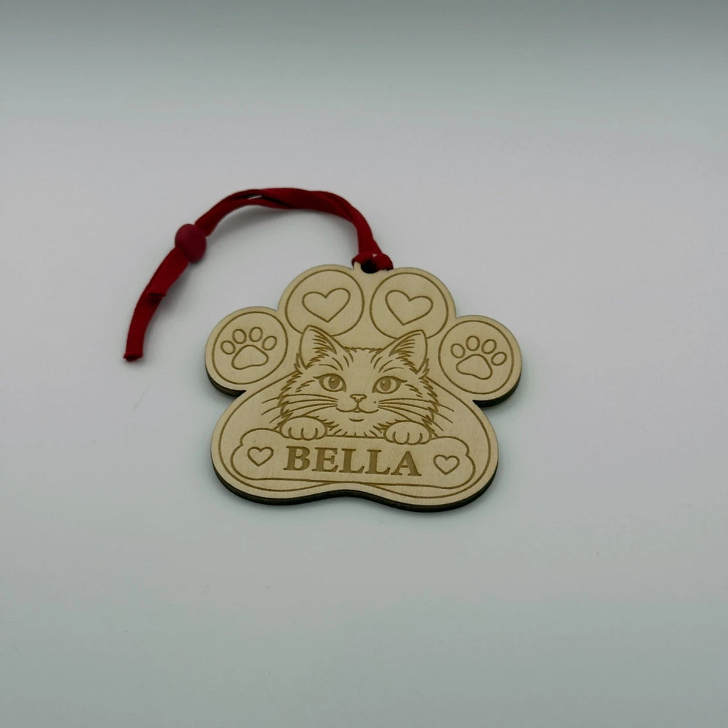 Personalised Cat Paw Print Christmas Tree Decoration Wooden Pet Name Ornament — photo 3