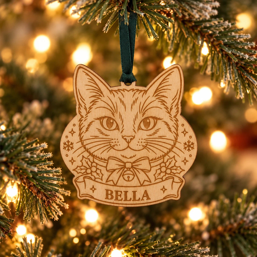 Personalised Cat Christmas Tree Ornament Wooden Cat Face Name Decoration Bow — photo 1