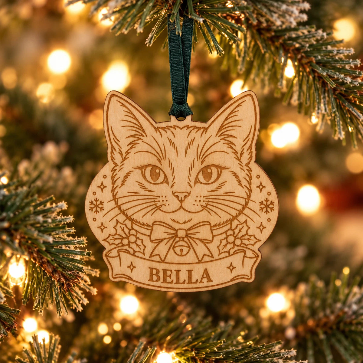 Personalised Cat Christmas Tree Ornament Wooden Cat Face Name Decoration Bow — photo 1