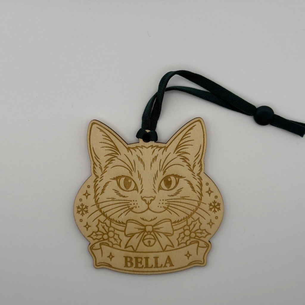 Personalised Cat Christmas Tree Ornament Wooden Cat Face Name Decoration Bow — photo 2