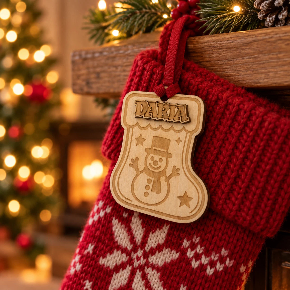 Personalised Christmas Stocking Name Tags Wooden 3D Snowman Tree 1-4 — photo 5
