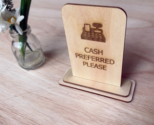 Cash Preferred Please Wooden Counter Sign Freestanding Shop Payment Plaque — photo 1
