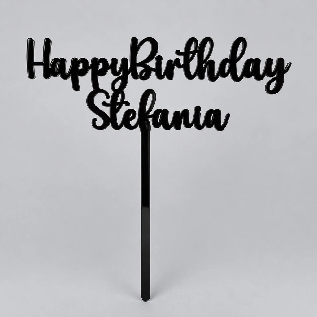Personalised Name Cake Topper Black Acrylic Happy Birthday Party Decoration — photo 1