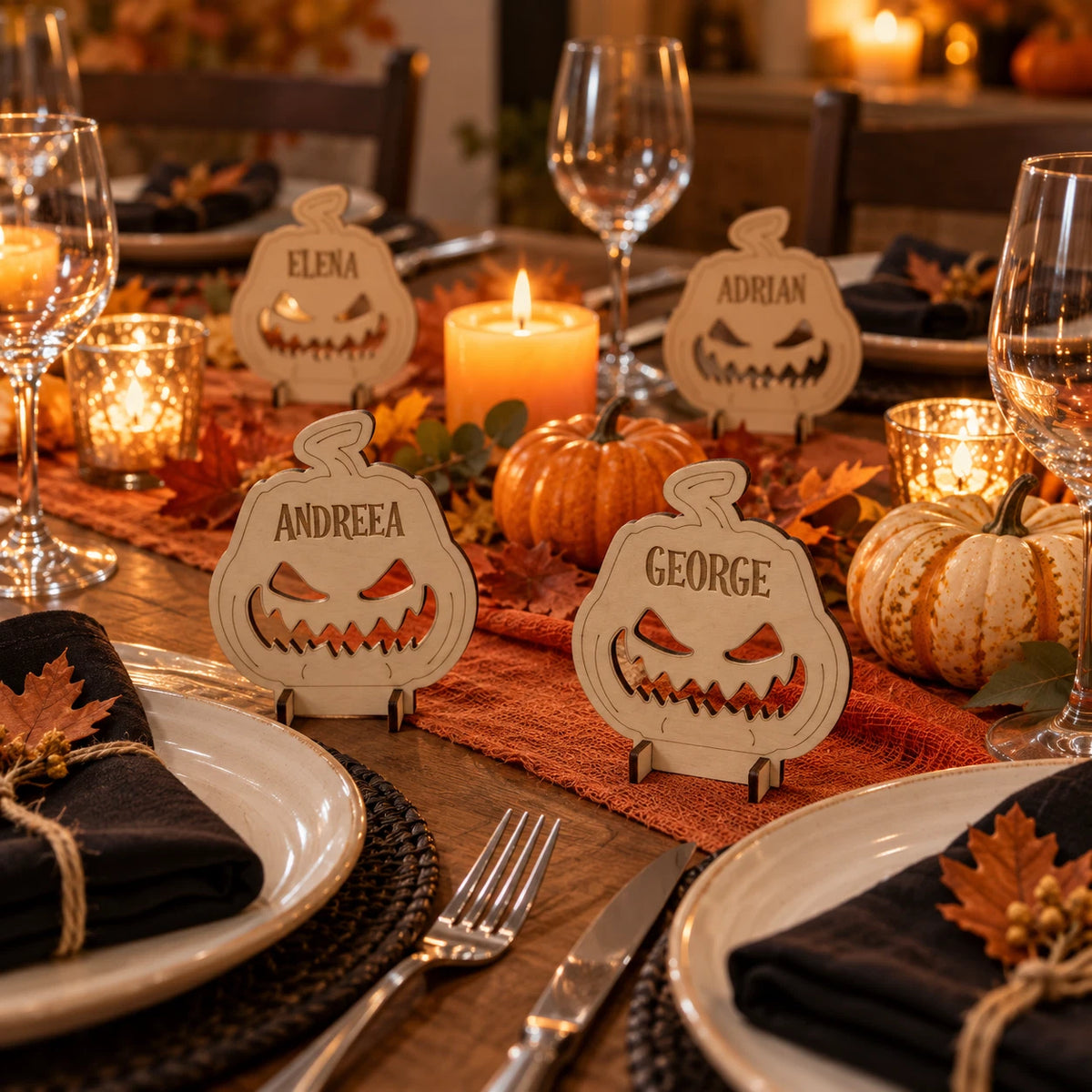 Personalised Halloween Wooden Pumpkin Name Tags Freestanding Place Cards Table — photo 3