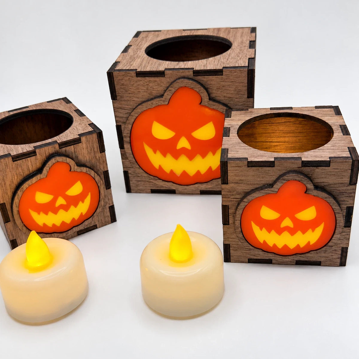 Wooden Halloween Pumpkin Lantern LED Tea Light Holder Walnut Small Large Decor — photo 1