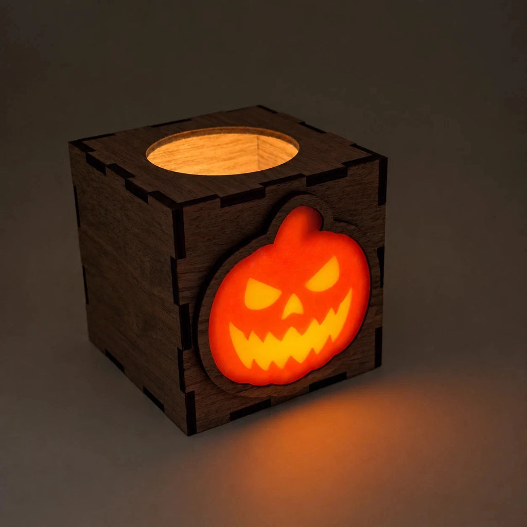 Wooden Halloween Pumpkin Lantern LED Tea Light Holder Walnut Small Large Decor — photo 10