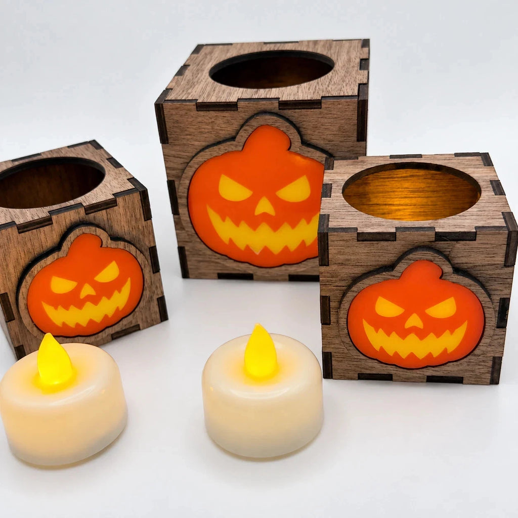 Wooden Halloween Pumpkin Lantern LED Tea Light Holder Walnut Small Large Decor — photo 11