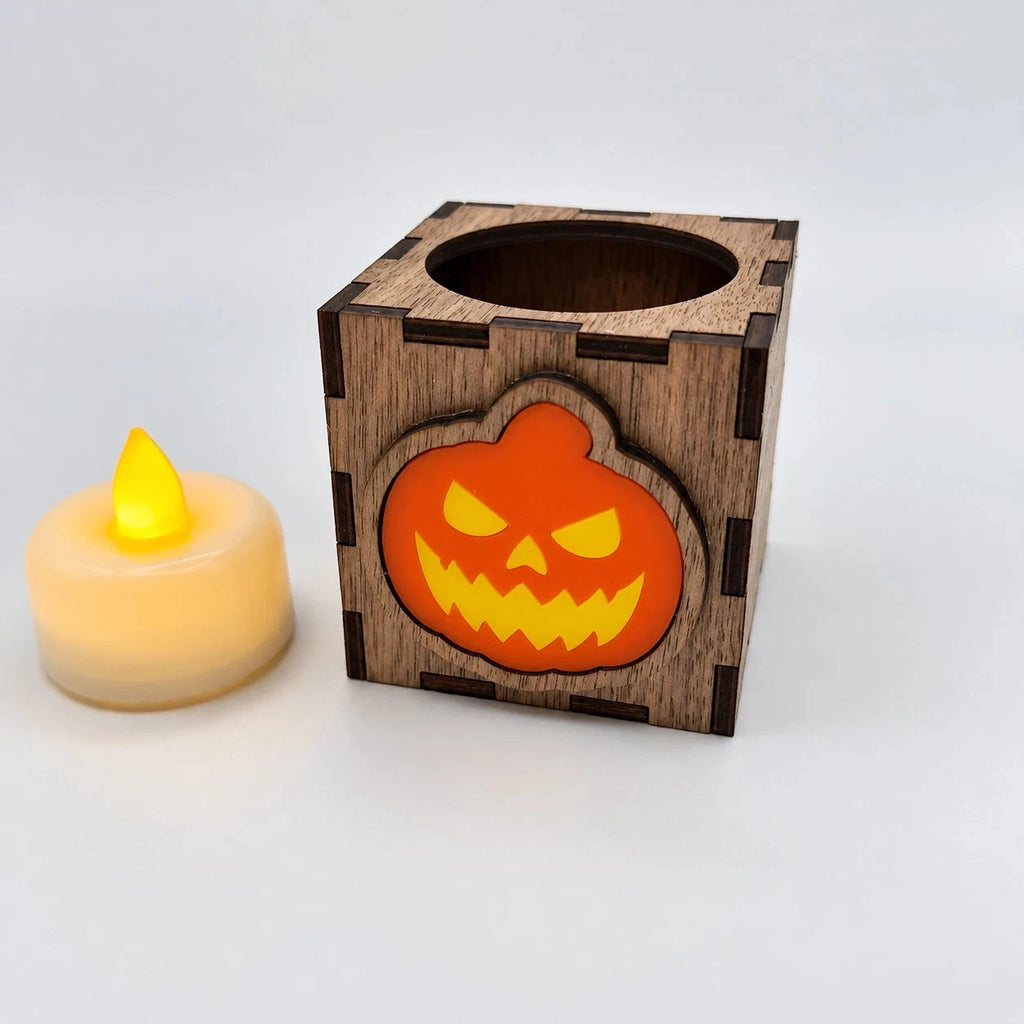 Wooden Halloween Pumpkin Lantern LED Tea Light Holder Walnut Small Large Decor — photo 12