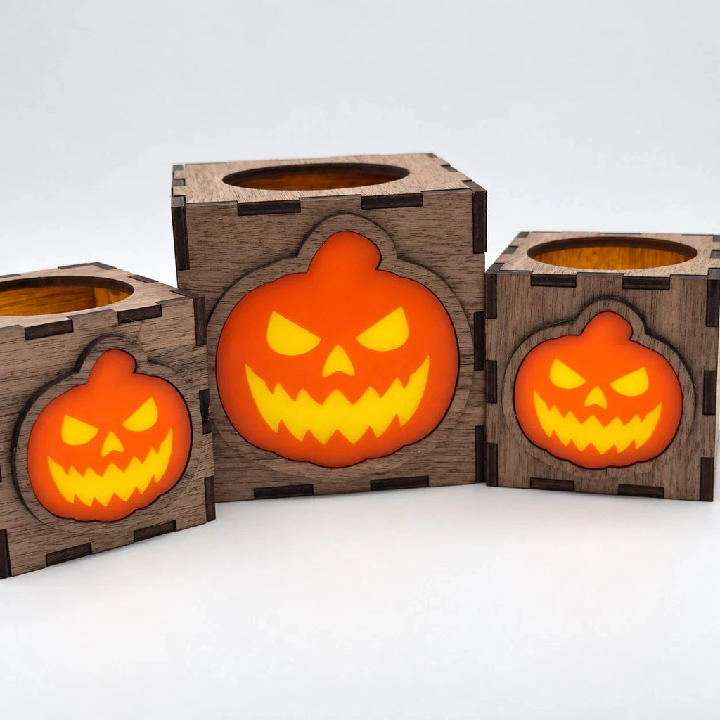 Wooden Halloween Pumpkin Lantern LED Tea Light Holder Walnut Small Large Decor — photo 14