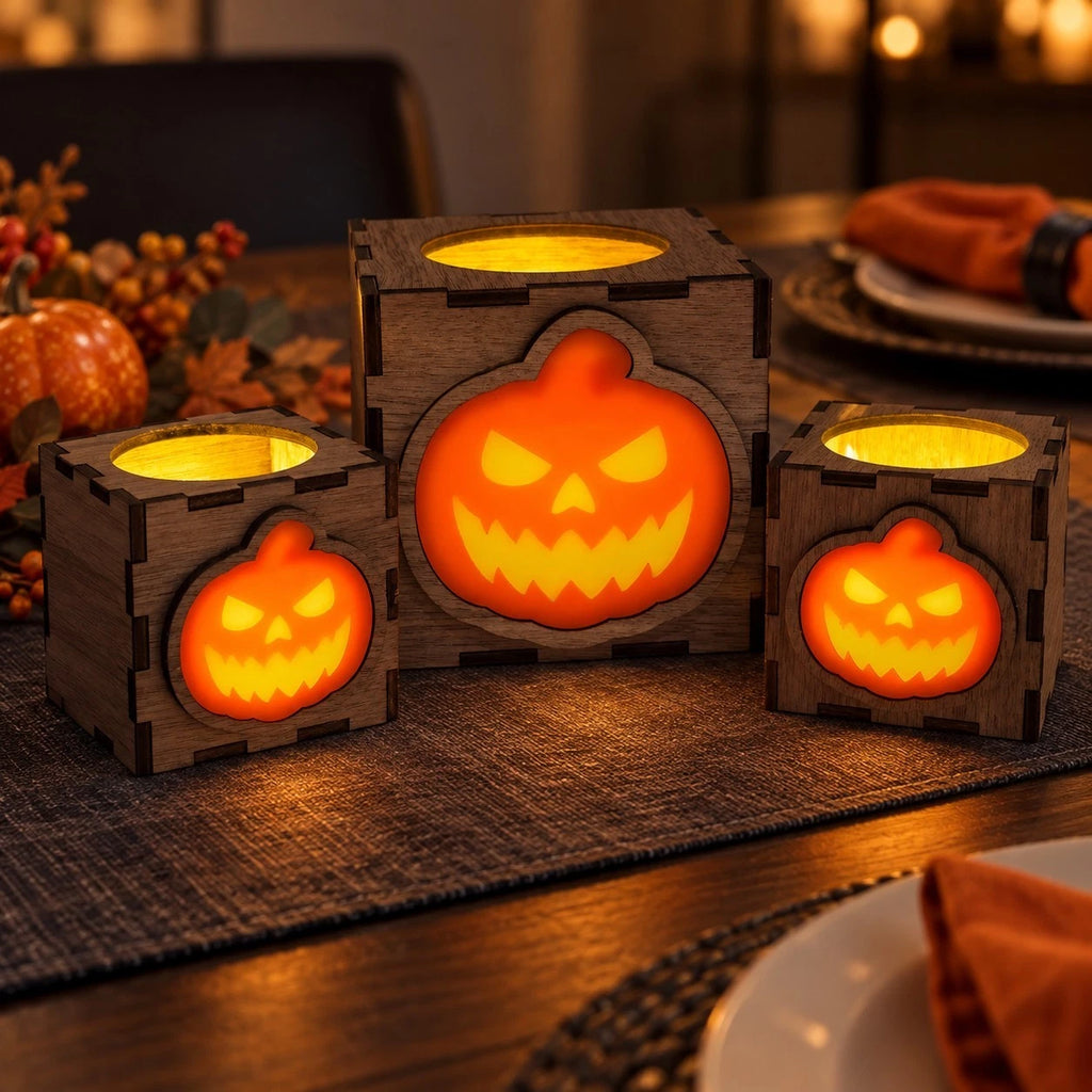 Wooden Halloween Pumpkin Lantern LED Tea Light Holder Walnut Small Large Decor — photo 16