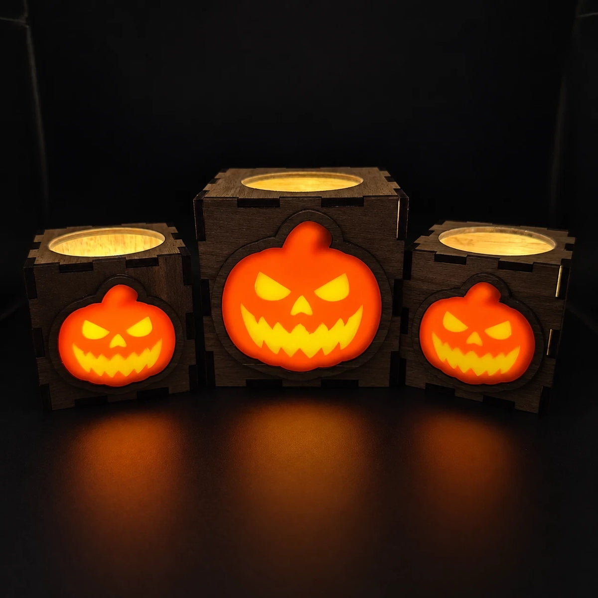 Wooden Halloween Pumpkin Lantern LED Tea Light Holder Walnut Small Large Decor — photo 2