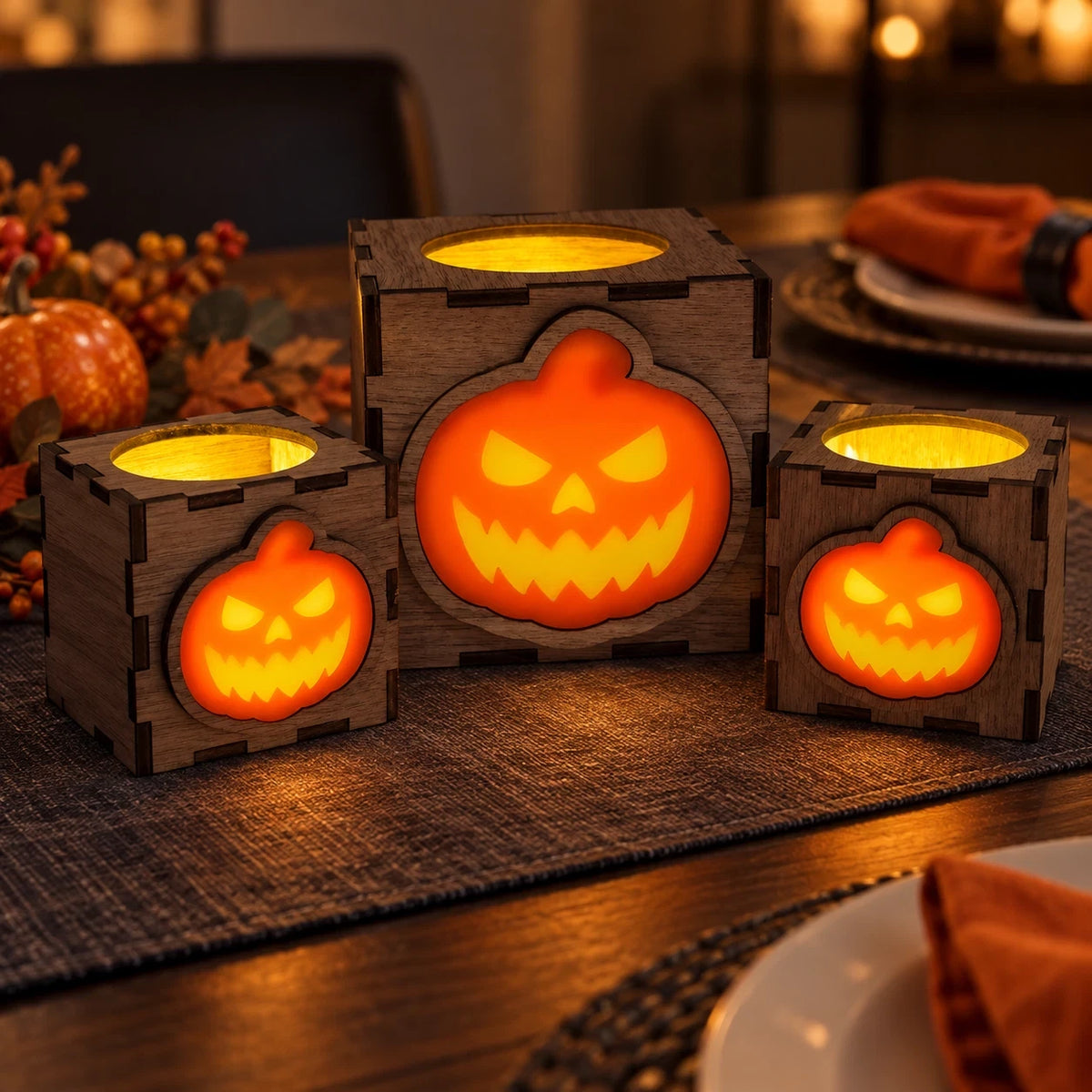 Wooden Halloween Pumpkin Lantern LED Tea Light Holder Walnut Small Large Decor — photo 21