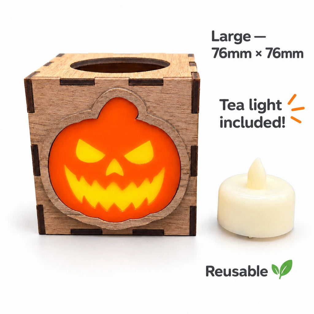 Wooden Halloween Pumpkin Lantern LED Tea Light Holder Walnut Small Large Decor — photo 25