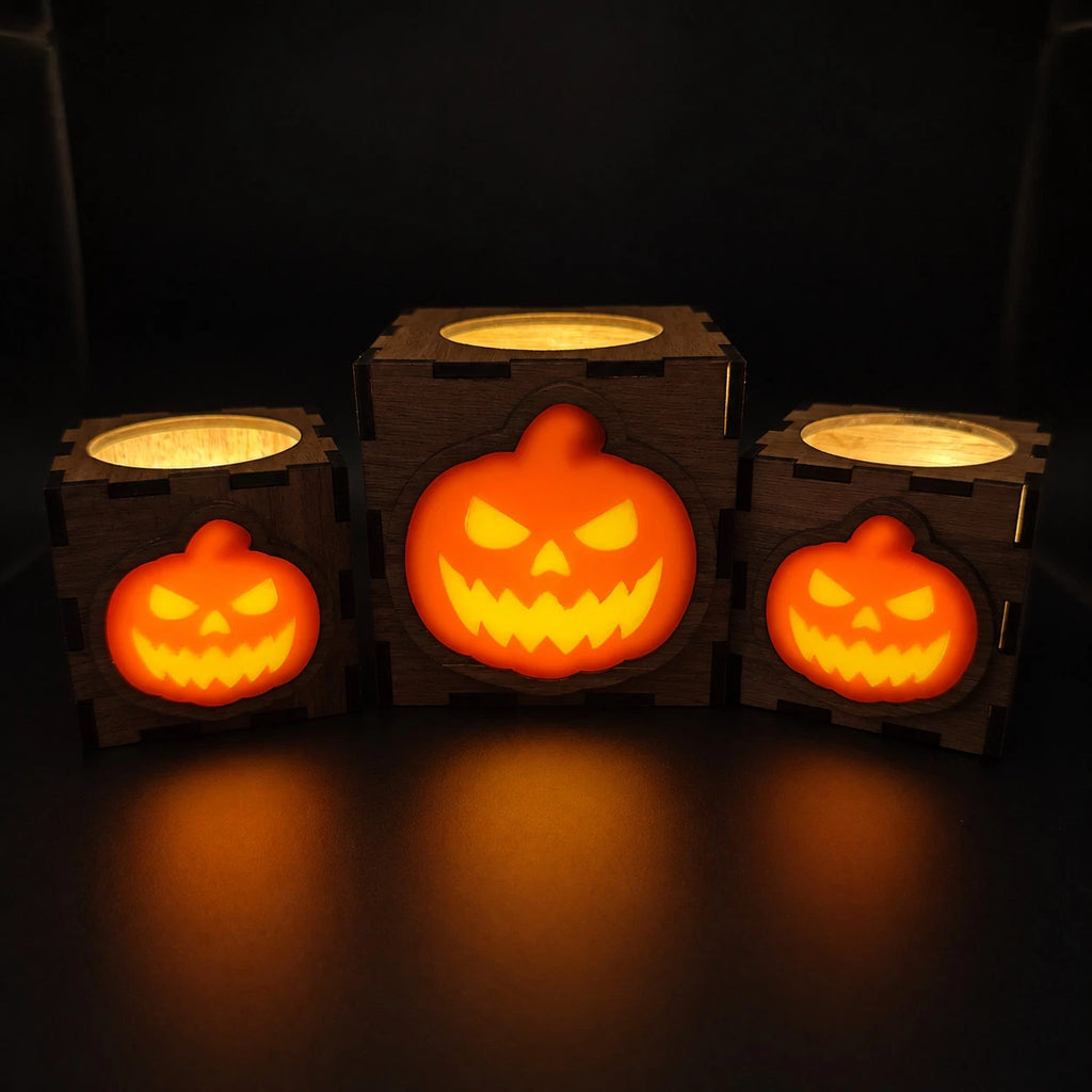Wooden Halloween Pumpkin Lantern LED Tea Light Holder Walnut Small Large Decor — photo 27