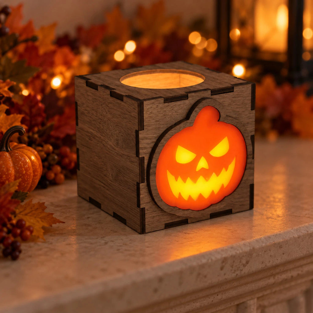 Wooden Halloween Pumpkin Lantern LED Tea Light Holder Walnut Small Large Decor — photo 29
