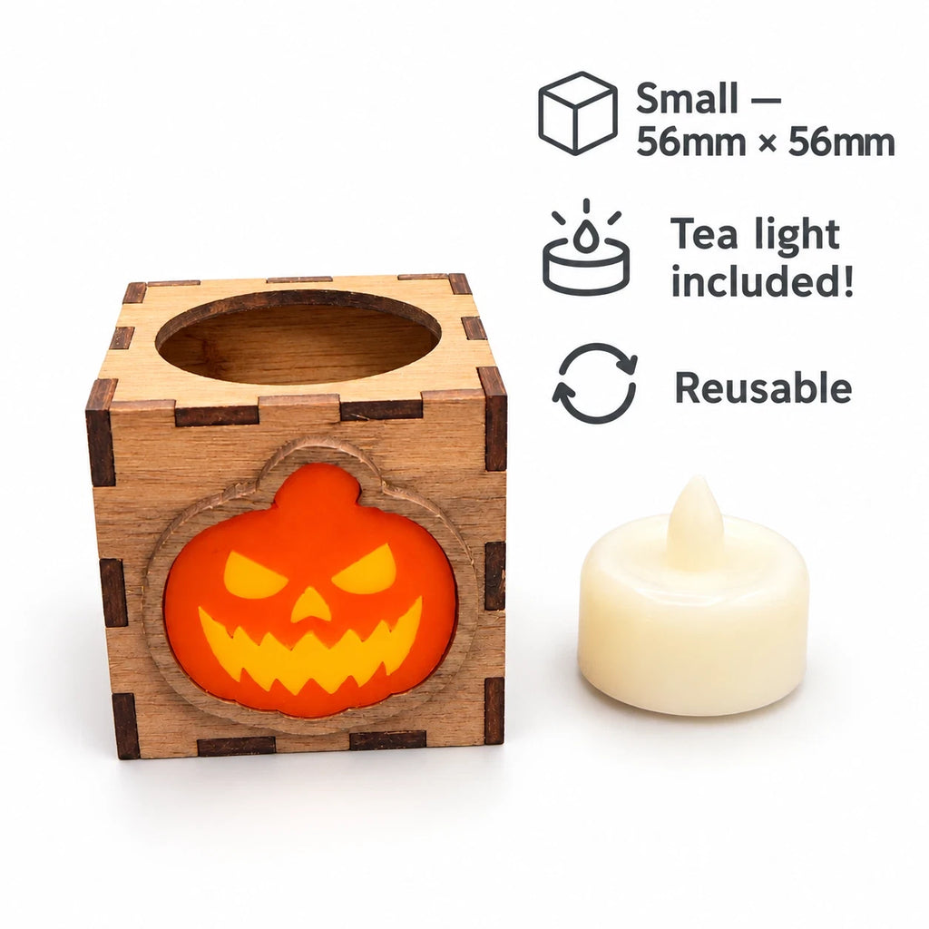 Wooden Halloween Pumpkin Lantern LED Tea Light Holder Walnut Small Large Decor — photo 3
