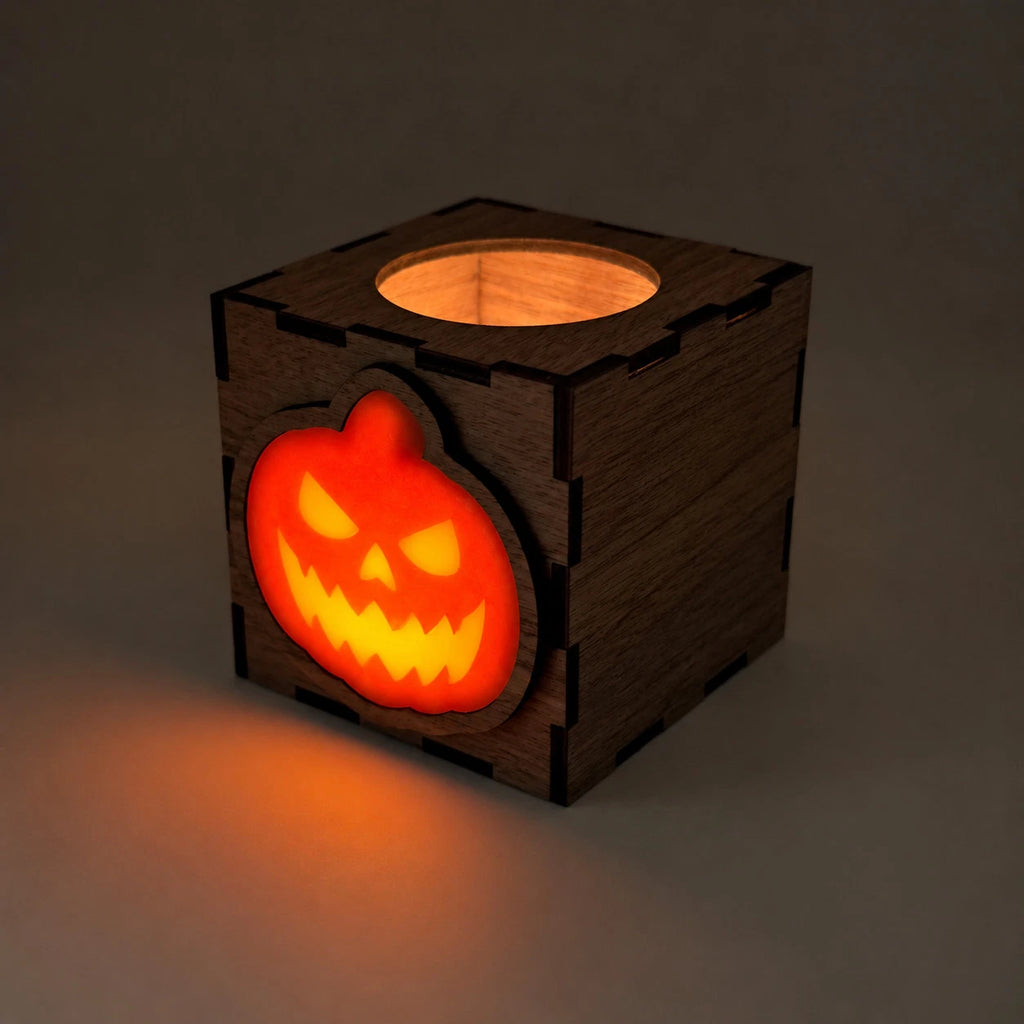 Wooden Halloween Pumpkin Lantern LED Tea Light Holder Walnut Small Large Decor — photo 32