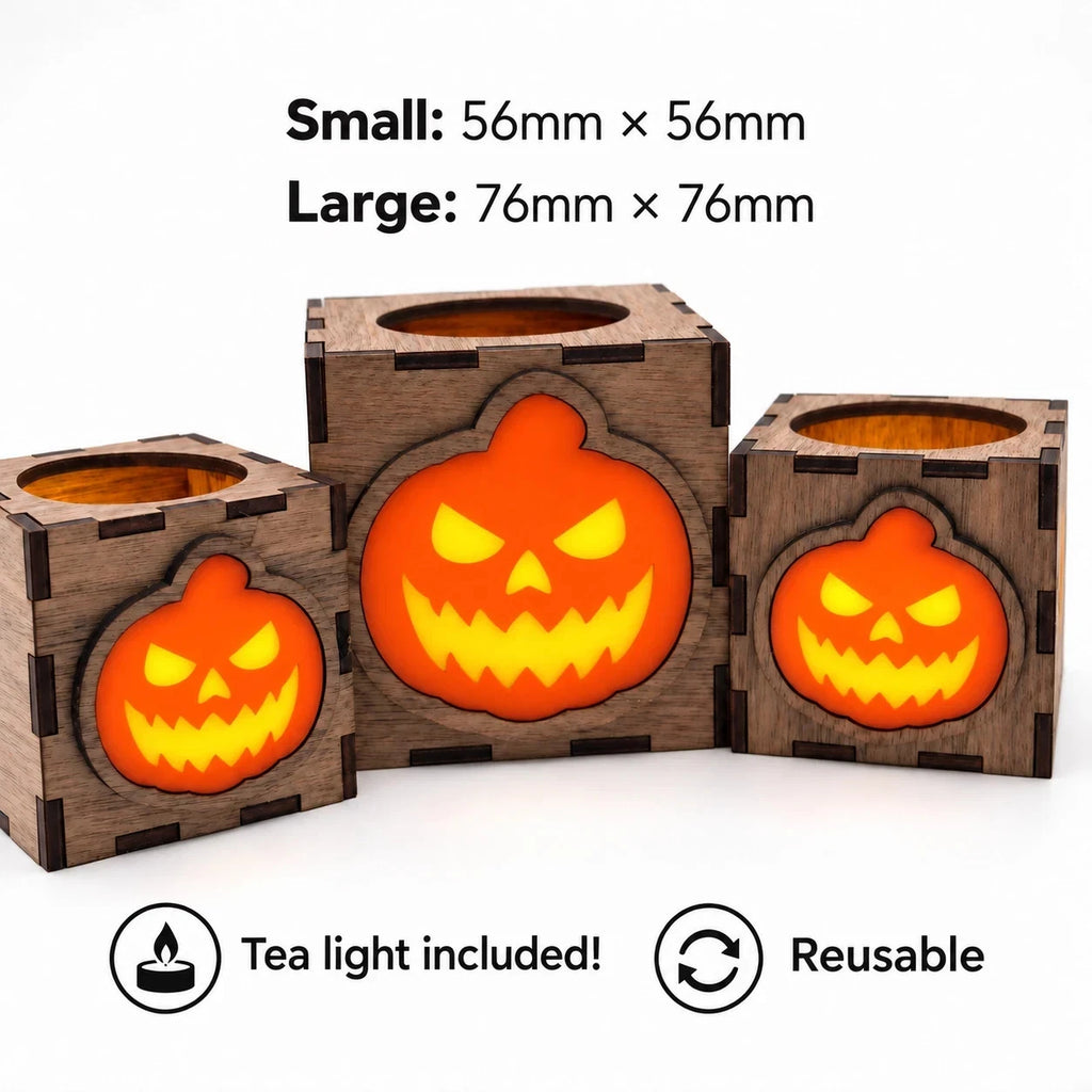 Wooden Halloween Pumpkin Lantern LED Tea Light Holder Walnut Small Large Decor — photo 5
