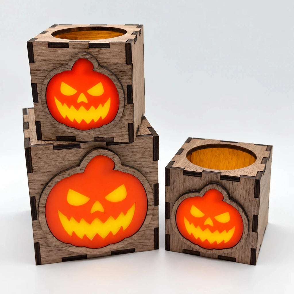 Wooden Halloween Pumpkin Lantern LED Tea Light Holder Walnut Small Large Decor — photo 8