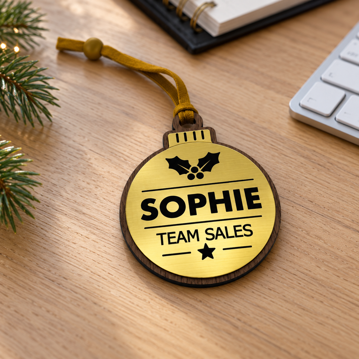 Gold personalised Christmas bauble Design 1, enhanced desk photograph; standard design example, customer wording replaces example text. Hanging strip colour varies, decorative props and gift boxes not included.