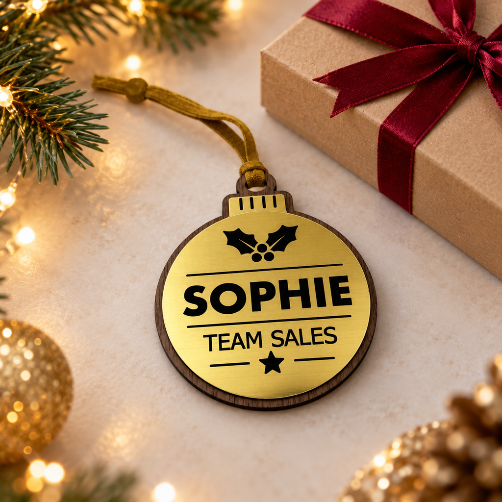 Gold personalised Christmas bauble Design 1, enhanced gift photograph; standard design example, customer wording replaces example text. Hanging strip colour varies, decorative props and gift boxes not included.