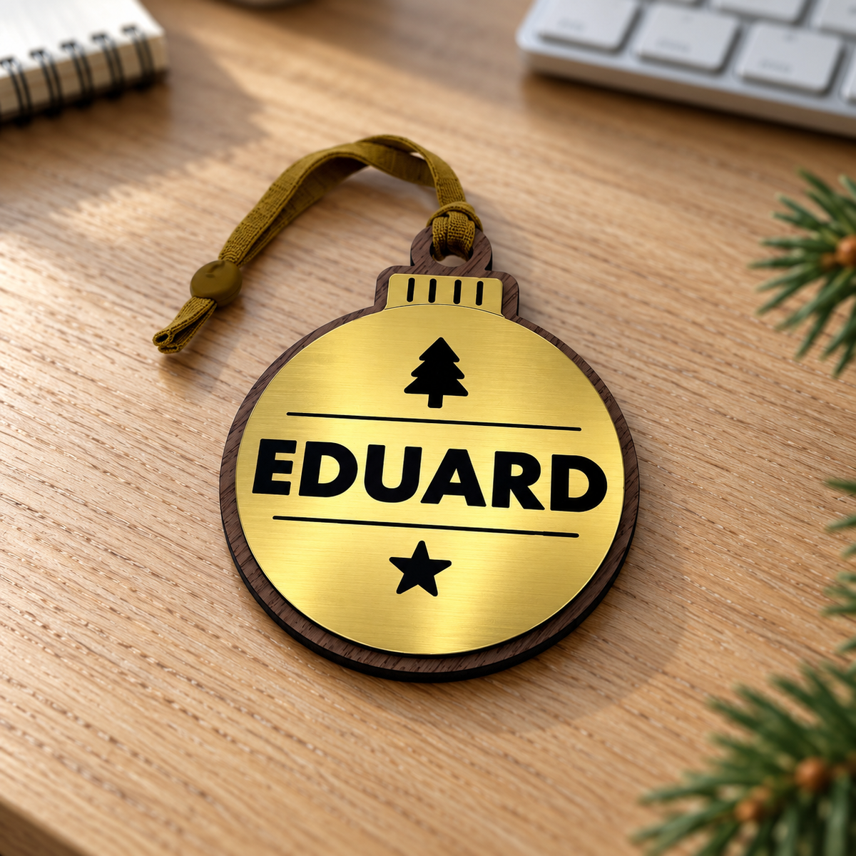 Gold personalised Christmas bauble Design 2, enhanced desk photograph; standard design example, customer wording replaces example text. Hanging strip colour varies, decorative props and gift boxes not included.