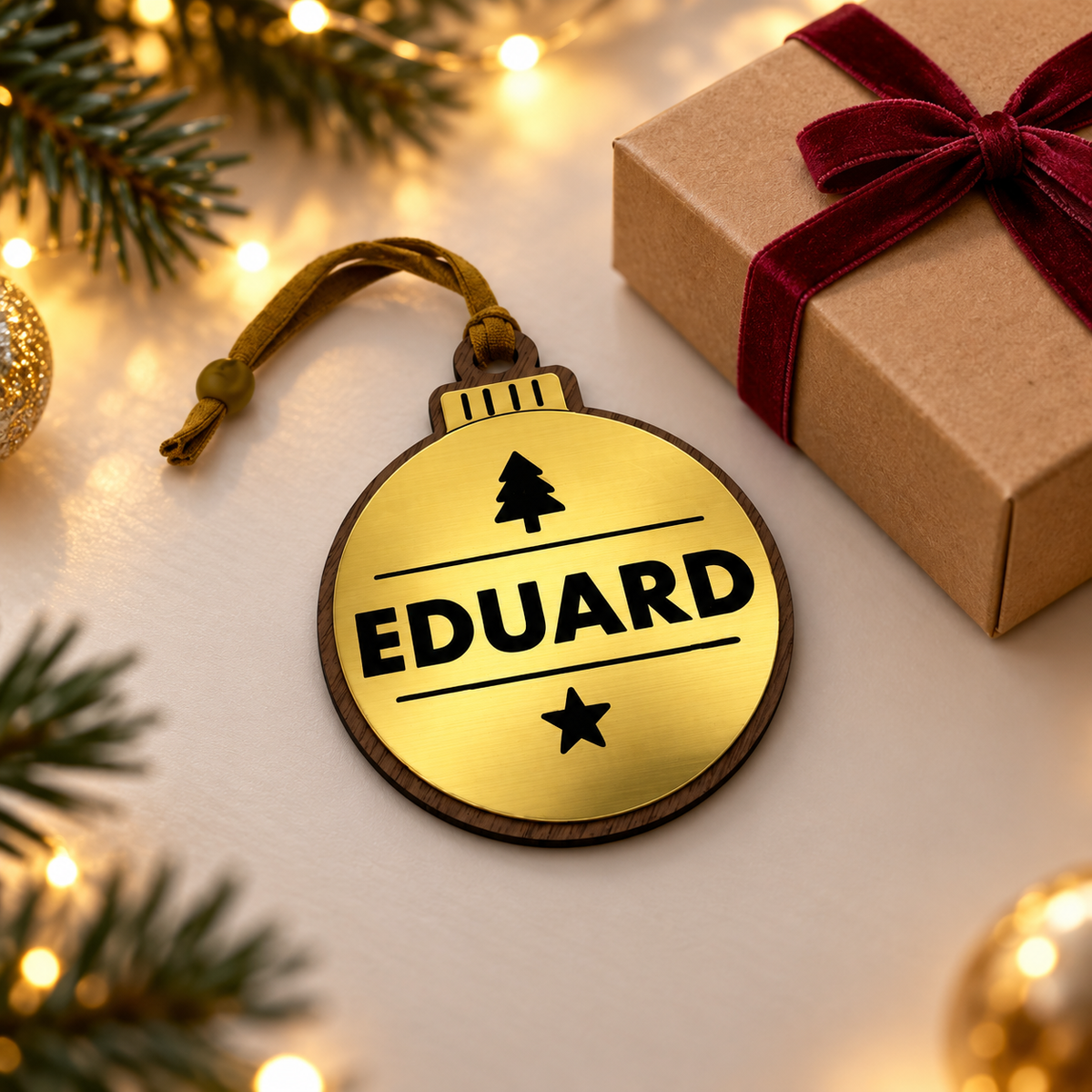 Gold personalised Christmas bauble Design 2, enhanced gift photograph; standard design example, customer wording replaces example text. Hanging strip colour varies, decorative props and gift boxes not included.